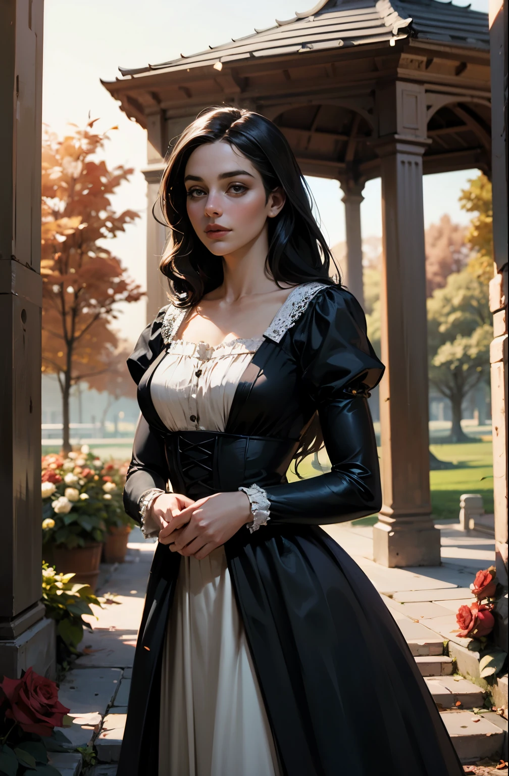 Fantasy, Rose bushes, Roses Everywhere, Light, woods, destroyed gazebo, German appearance, 23 year old girl with long black hair, in 16th century peasant dress, looks like Adelaide Kane. HD