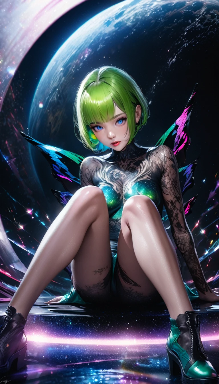 beauty, green pixie cut, blue eyes, amorous and lewd face, make-up, covered in tattoos, great proportion, sitting on a cosmic ray that has come out of a black hole, shading effects, gradation magic effects, foggy filter effects, glitter effects, (ultra detailed, absolutely resolution, best quality:1.3), 2.5D, delicate and dynamic, artistic photography, hyper realistic, graphic CG digital art