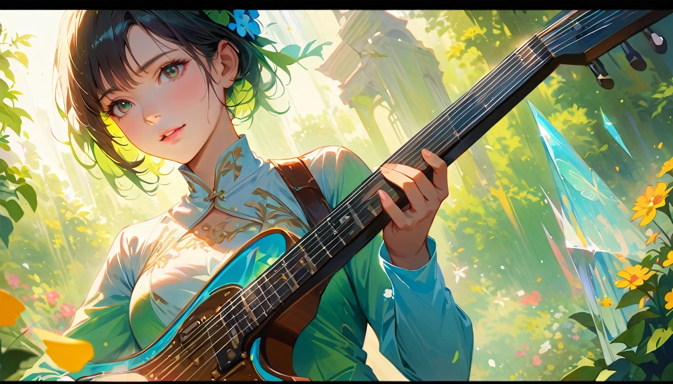 (Highest quality,4K,8k,High resolution,masterpiece:1.2),Very detailed,Realistic,Transparent guitar sculpture,A clear spring morning,Sunlight reflecting off a guitar,Body Details,Delicate strings,Vibrant color palette,Sculpting Tools,Hourglass Shape,Sound hole,Elegant Curves,Polished surface,Delicate carving,Light and shadow effects,Subtle reflection,Sparkling Surface,Shining Jewels,Petals falling,Floral,Emerald accents throughout,Transparent essence of spring,Ethereal atmosphere,Peaceful garden background,Serene atmosphere,Morning Dew,wood々The soft sunlight filtering through,Lush greenery,Brightly colored flowers,Harmony between nature and art,Perfect craftsmanship,Transcendental beauty,Awe-inspiring works of art