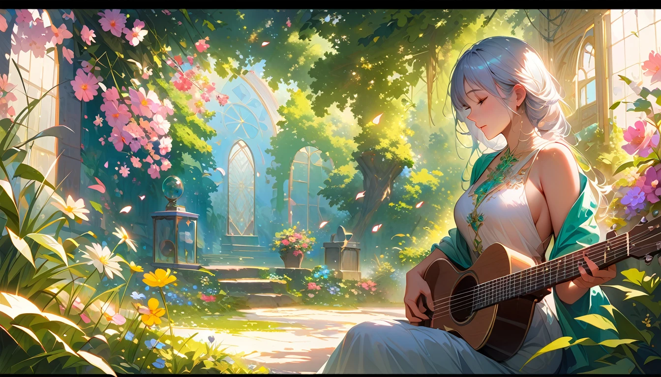 (Highest quality,4K,8k,High resolution,masterpiece:1.2),Very detailed,Realistic,Transparent guitar sculpture,A clear spring morning,Sunlight reflecting off a guitar,Body Details,Delicate strings,Vibrant color palette,Sculpting Tools,Hourglass Shape,Sound hole,Elegant Curves,Polished surface,Delicate carving,Light and shadow effects,Subtle reflection,Sparkling Surface,Shining Jewels,Petals falling,Floral,Emerald accents throughout,Transparent essence of spring,Ethereal atmosphere,Peaceful garden background,Serene atmosphere,Morning Dew,wood々The soft sunlight filtering through,Lush greenery,Brightly colored flowers,Harmony between nature and art,Perfect craftsmanship,Transcendental beauty,Awe-inspiring works of art