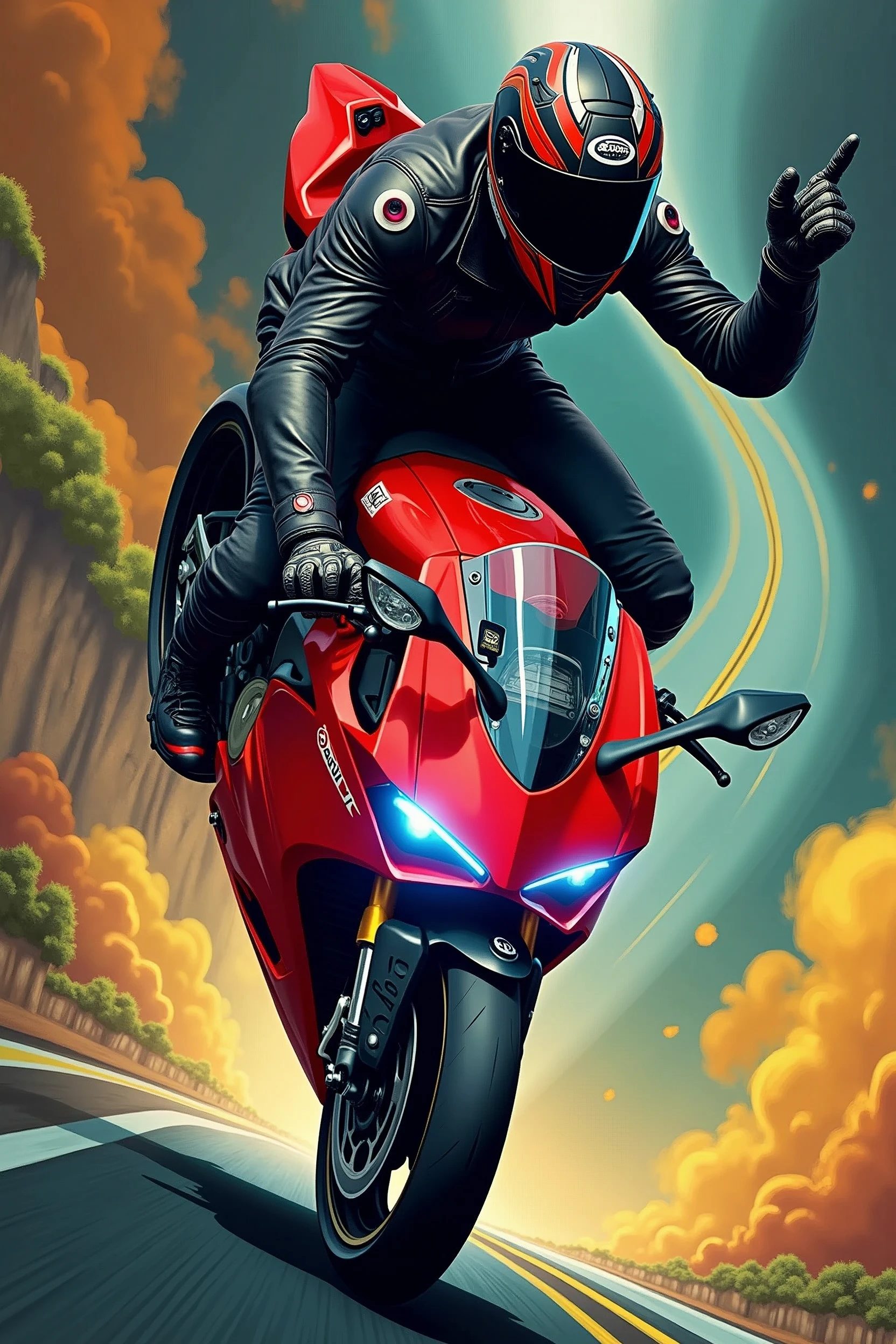 A motorcyclist on a Ducati Panigale V4 in motion on a red motorcycle performs a daring wheelie on a winding road, set against a warm-toned sky hinting at sunrise or sunset's golden glow. The rider's helmet and lean posture convey a sense of focus as they expertly balance the bike on its rear wheel. The curved road snakes through a lush verdant landscape, adding depth to the dynamic composition. , retina, accurate, masterpiece, super detail, high details, best quality, award winning, highres, HD, 4K, 8k, 16k, retina, accurate, masterpiece, anatomically correct, textured skin, super detail, high quality, award winning, highres, 8k, 16k