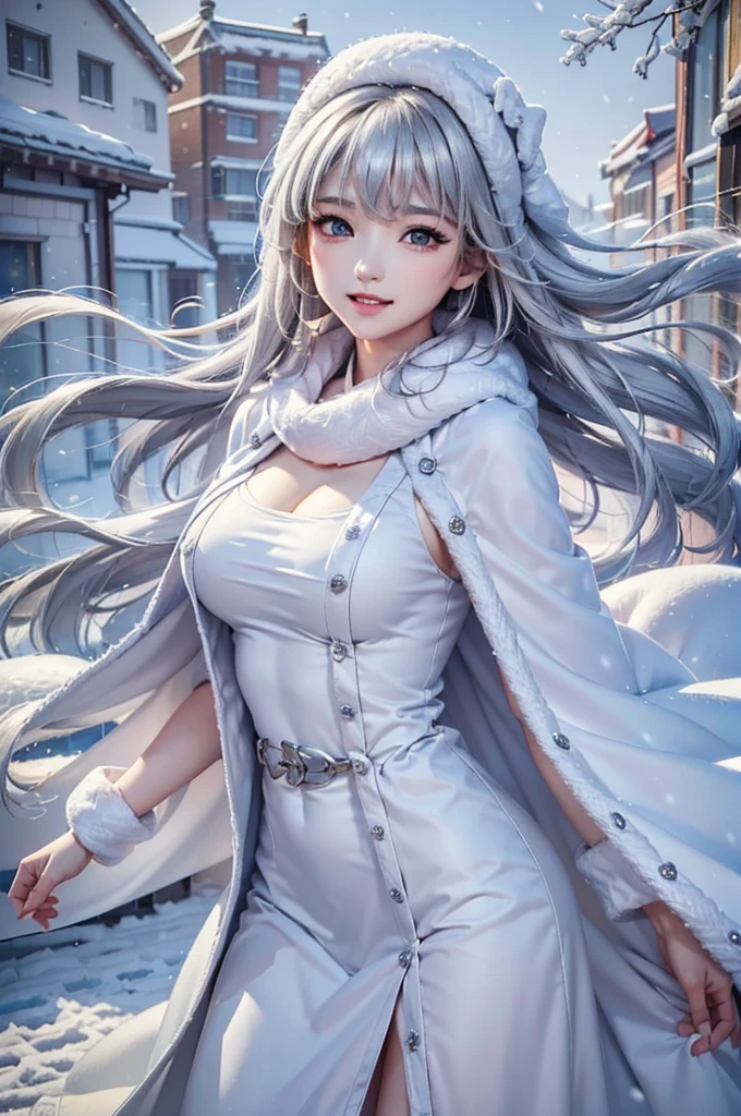 ((masterpiece:1.5、8k、Portraiture、フォトリアリスティックでVery detailedなCG、Very detailed、Particle Effects、Dynamic Effects、Shallow depth of field、Cinematic Light、Lens flare、Ray Tracing、Tabletop、Realistic:1.4、Ultra-high resolution:1.2、Realistic、Realistic))((alone、,オフショルダーのドレスの上にカシミアのcoatを着た女性:1.4、wear a long scarf、White belt、coat、Elegant woman posing、Detailed face、bright表情、young, bright, Whiter skin、small breasts、cleavage, Best Looks、Ultimate beauty、Shiny silver hair with highlights、bright and shiny hair,、Super long, Silky straight hair、Hair dancing in the wind))(morning、outdoors, winter, snow falling)
