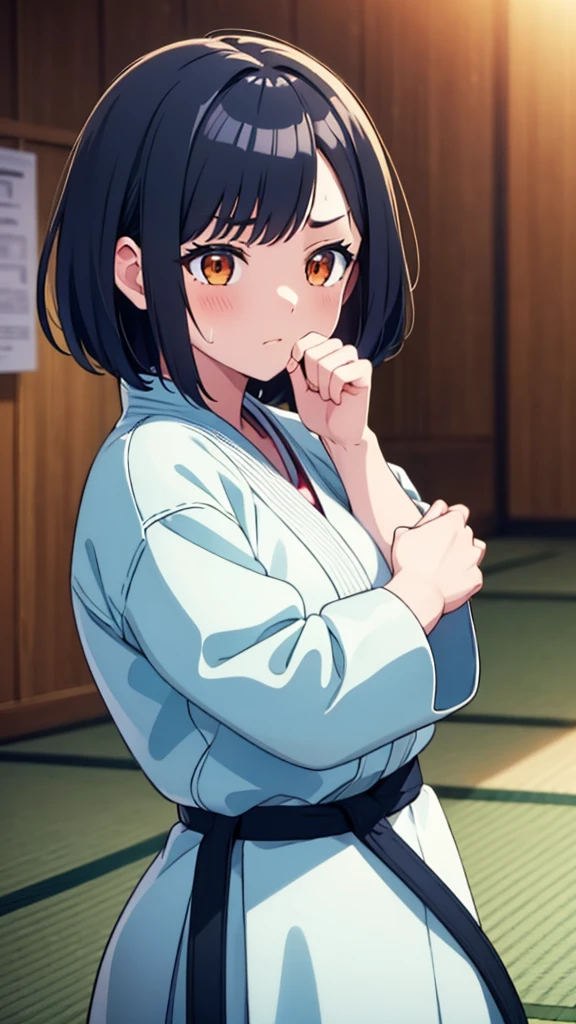 ((masterpiece, Highest quality, Very detailed, Very nice 8K CG wallpaper)), , A little thick, Medium Hair, Dark hair with a slight navy blue tint, short hair, dark orange eyes,judo player、長袖judo着、Large bust、ロングjudoパンツ、judo、Serious expression、Inside the judo Gymnasium、、On the tatami、discovery、One Girl、Combat Stance、A tough fight、Shiraishi Apricot、Bust Size D Cup、A boy holding both of her wrists、Kissed by a boy、Reddening of the face、Sweating