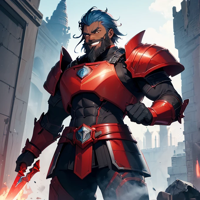 High Resolution, Simple background, Masterpiece, Best Quality, Detail, HD, High Quality, fantasy genre
{{(male adult ebony skinned dwarf soldier: (dwarf short body, ebony black skin, golden eyes without pupils and iris, straight long red beard, long red mustache over the mouth, big nose, red eyebrows, nice smiling, kind demeanor, kind face and smile, short body torso, short arms, short legs), (bulky dwarf red and light-blue steel armor, red and light-blue squared steel helmet, red and light-blue squared-cuirass, bulky squared red and light-blue shoulderplates, squared light-blue elbowplates, squared red arms armor, squared light-blue belly armor, pale-grey steel belt, red and light-blue squared hips armor, light-blue gauntlets, light-blue steel knee plates, (black long sword, black steel handle)), (standing quietly, patient demeanor, imponent guarding pose, standing upright), (clear morning sky, grey clouds around the day, white sun at the horizon, red tower, black fire torches at the tower’s walls))}}