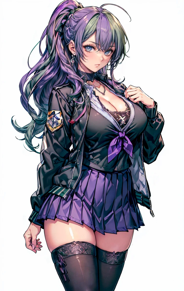 (cowboy shot: 1.5), (white background, simple background: 1.5), (masterpiece:1.5), (big breasts: 1.5), (1 girl: 1.5), young woman, (Beautiful Girl:1.5), (extremely detailed and delicate anime face and eyes:1.5), whole body, (natural light, HDR, extremely details CG:1.3), (dynamic posture:1.3), {correct body anatomy}, (wide hips: 1.3), (perfect hands: 1.5), single focus, toned body, Beautiful Lips, thick lips, {surreal}, {correct posture}, {minutes details}, {detailed body}, {detailed clothing}, (Bright Eyes: 1.3), (cleavage: 1.3), {accessories}, {sexy}, (school uniform: 1.5), high school student outfit, (school jacket: 1.5), long sleeves jacket, (open jacket: 1.3), short skirt, (pleated short skirt: 1.3), (thigh-high legwear: 1.3), (black legwear: 1.5), (lace collar with tie: 1.3), ribbon tie, (high heel boots: 1.3), earrings, necklace, hairclip, (medium long hair: 1.5), (two-tone hair: 1.5), (dark green hair with purple streaks: 1.5), glowing hair, (quiff: 1.5), (bright lilac eyes: 1.3),