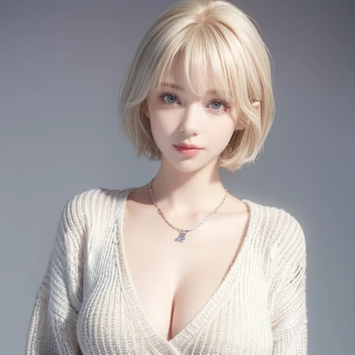 (Highest quality, 8k, 32K, masterpiece, Ultra-high resolution:1.2),Beautiful American Women Photos, (Large Breasts:1.3), Very short bob hair,Upper Body,Face Focus,(Extra Large_sweater,:1.1) necklace, Simple Background, View your viewers, Leaning forward,Platinum Blonde Hair