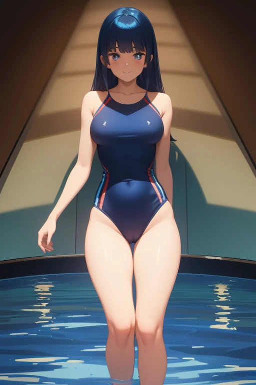 ((artwork, Best quality)), studio lighting, (1 girl), (Alone), (female focus), (stand:1.3), (looking forward: 1.3), front camera, tall, swimming uniform, confident, (very wide shot: 1.5), straight hair, bangs, dark eyes, brave look, smile, shoulder length light blue hair, bangs, digital art, concept art, vibrant colors, best quality, 8k, high resolution, ultra-detailed, anatomically correct