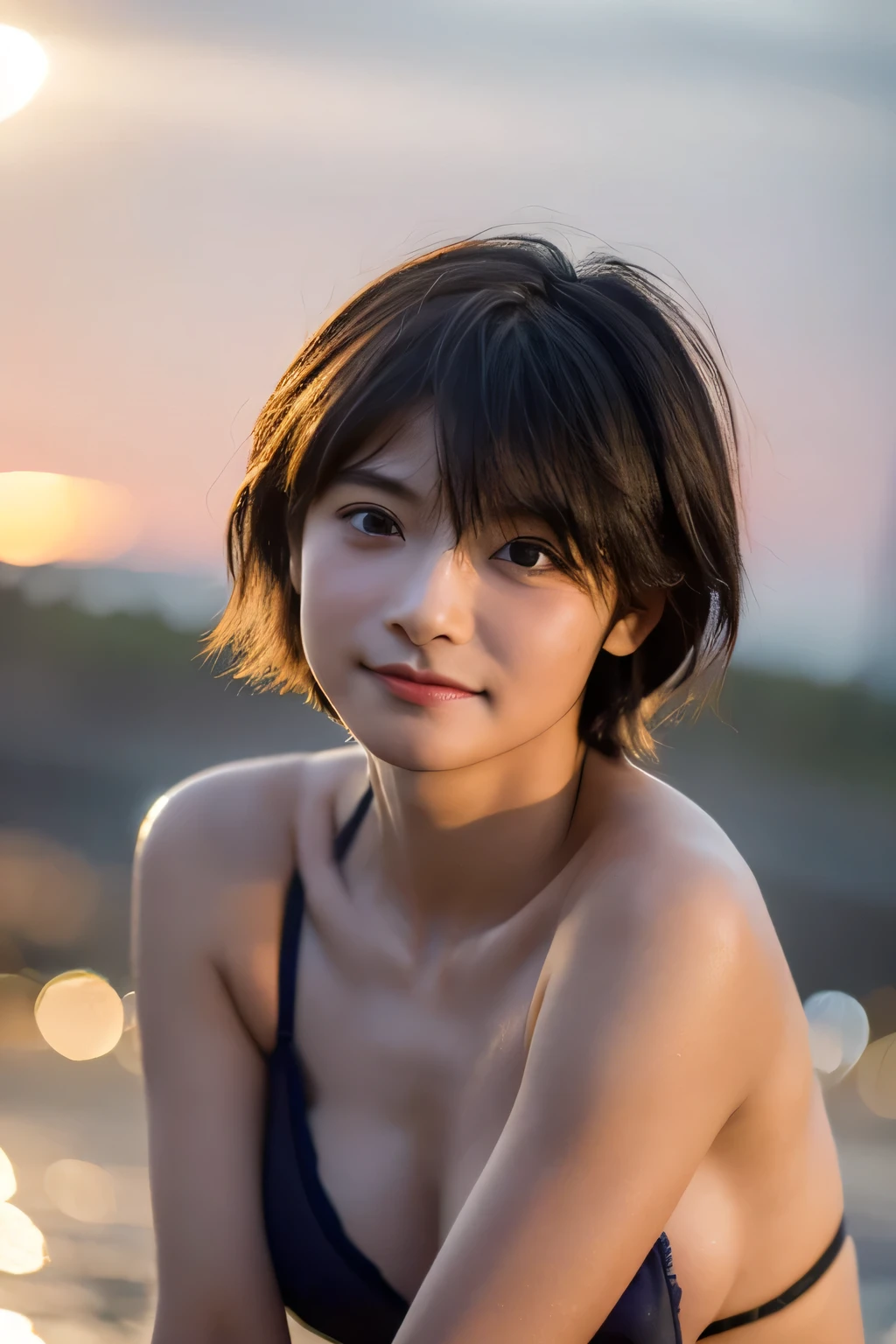 (Hyper Reality: 1.35), (Realistic: 1.4), A beautiful Japanese woman, smile, alone. (((No makeup))), masterpiece, 最high quality, high quality, alone, Very good, Puberty, Only one girl, Well-trained slim body, muscular, slim body, breasts apart, large breasts, (最high quality)),((Very delicate and beautiful)),((Very shallow depth of field)), ((Incredibly shallow depth of field)). Familiar, ((Very delicate and beautiful)), (((Very shallow depth of field))), (((Unbelievably absurd))), dark brown short hair, blowing boyish short bob hair, shag messy hair, wolf cut, big hair, Windで揺れる髪, Slim body type, ((( Camera Eye)))), (((small ))), Looks like a salon model, Cool face, Neutral facial features,(ecstasy:1.3) ,(slut:1.2),(vulgarity:1.3),(fucked silly:1.1),(steam:1.1),(Wet:0.8),(trembling:0.8),(tears:0.7) ,(drooling:0.6),(sweat:0.8),open mouth, poor, Focus on women, {Particles of light}, Detailed Background, Soft lighting, (dramatic), sunset, very beautiful sunset, Realistic, (blurred background), (((s old))), (((Wind))), ((Movement)), ((emotion)), ((colorful)), ((Baby Face:1.2)), Wither, sea background, (((Cowboy Shot))),(((nsfw:1.2))),Sports Bra,Sitting with one knee raised