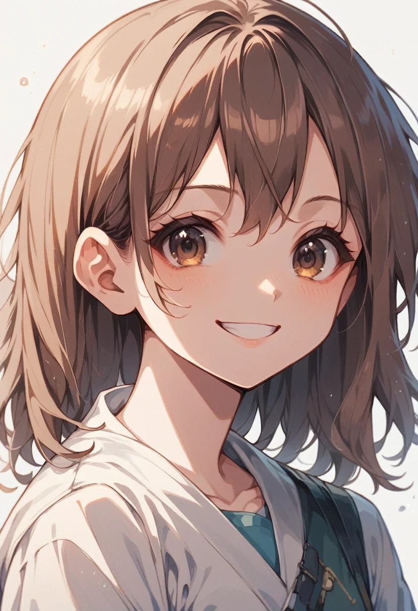 A girl, Brown hair, Brown eyes, smiling, unclear, style, Anime style