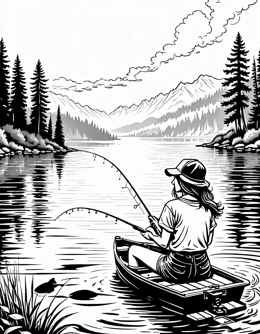 Coloring book page of young lady fishing at lake, view from behindblack and white, outlines only, line art, vector art, crisp white fill