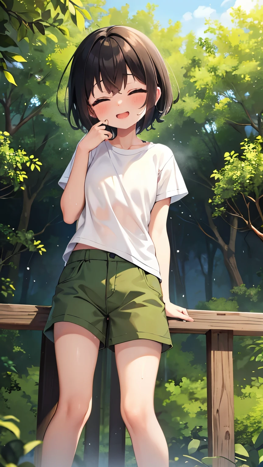 forest,smile,Are standing,close your eyes,1. small ,short hair,Black Hair,blush,Navy blue white t-shirt,Olive green shorts,Brown Sandals,White skin,summer,From below,shy,Sweaty,Wet,Please open your mouth wide,Wet,