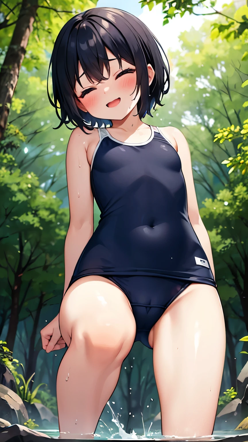 forest,smile,Are standing,close your eyes,1. small ,short hair,Black Hair,blush,Navy blue school swimsuit,White skin,summer,From below,shy,Sweaty,Wet,Please open your mouth wide,Wet,squat,