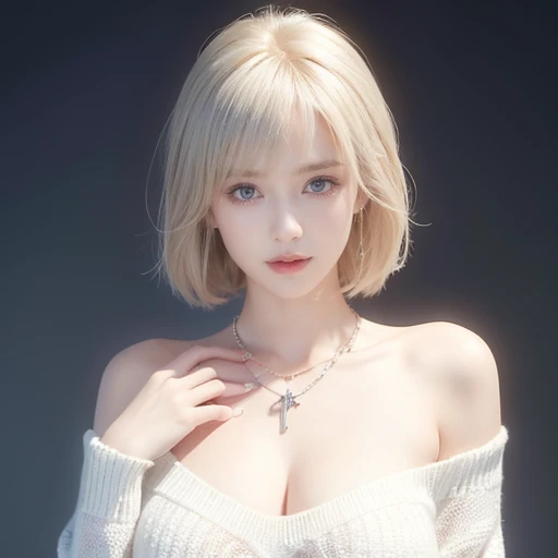 (Highest quality, 8k, 32K, masterpiece, Ultra-high resolution:1.2),Beautiful American Women Photos, (Large Breasts:1.3), Very short bob hair,Upper Body,Face Focus,(Extra Large_sweater,:1.1) necklace, Simple Background, View your viewers, Leaning forward,Platinum Blonde Hair