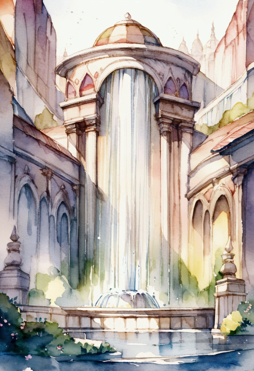A large fountain with colorful water. No people. Fantasy. Watercolor.