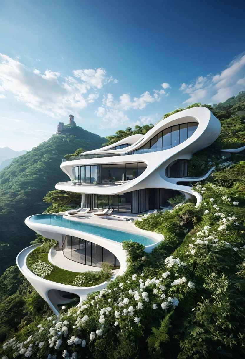 (masterpiece),best quality,8K,zsyixing,building,SDS_Particle_Flow,(by Zaha Hadid:1.2),a villa on a high mountain cliff,shell element,crazy curve,(the verdant mountains:1.1),(fresh flower:1.1),blue sky,white cloud,the sun is shining brightly,