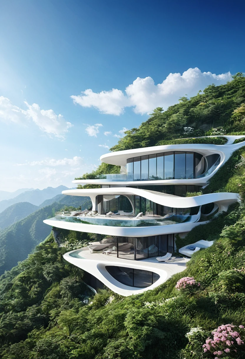 (masterpiece),best quality,8K,zsyixing,building,SDS_Particle_Flow,(by Zaha Hadid:1.2),a villa on a high mountain cliff,shell element,crazy curve,(the verdant mountains:1.1),(fresh flower:1.1),blue sky,white cloud,the sun is shining brightly,