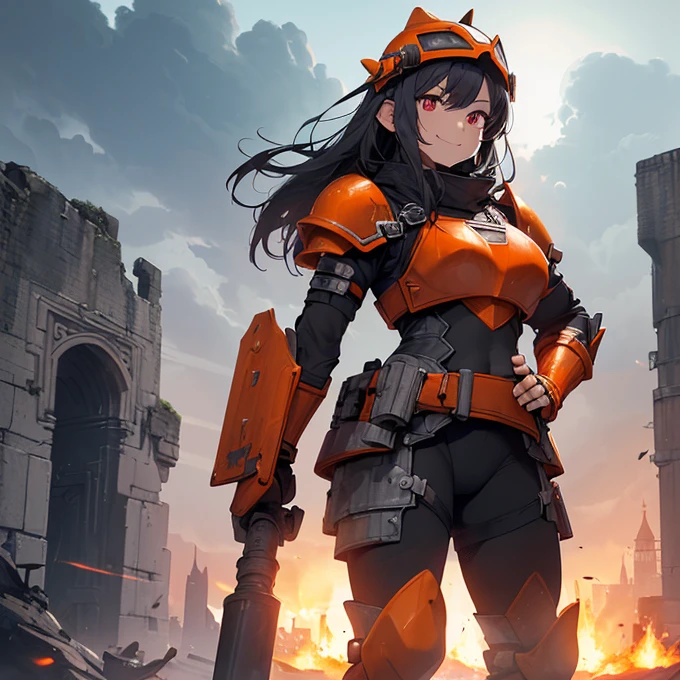 High Resolution, Simple background, Masterpiece, Best Quality, Detail, HD, High Quality, fantasy genre
{{(female adult dark dwarf soldier: (dwarf short body, dark-grey skin, red eyes, big nose, red eyebrows, nice smiling, kind demeanor, kind face and smile, short body torso, short arms, short legs), (bulky dwarf orange steel armor, orange squared steel helmet, orange squared-cuirass, bulky squared orange shoulderplates, squared orange elbowplates, squared orange arms armor, squared borange belly armor, pale-golden steel belt, orange squared hips armor, orange gauntlets, orange steel knee plates, (black long hammer, black steel hamer)), (standing quietly, patient demeanor, imponent guarding pose, standing upright), (clear morning sky, grey clouds around the day, white sun at the horizon, red tower, black fire torches at the tower’s walls))}}