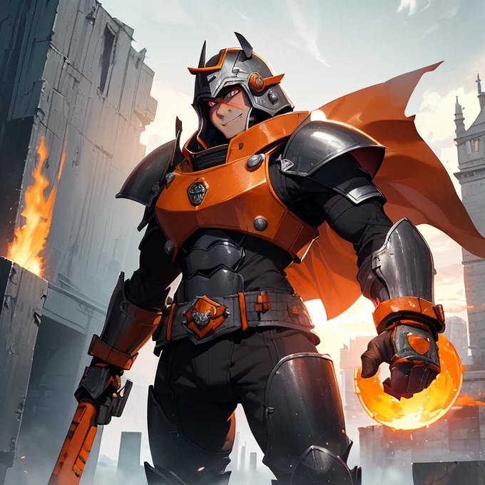 High Resolution, Simple background, Masterpiece, Best Quality, Detail, HD, High Quality, fantasy genre
{{(female adult dark dwarf soldier: (dwarf short body, dark-grey skin, red eyes, big nose, red eyebrows, nice smiling, kind demeanor, kind face and smile, short body torso, short arms, short legs), (bulky dwarf orange steel armor, orange squared steel helmet, orange squared-cuirass, bulky squared orange shoulderplates, squared orange elbowplates, squared orange arms armor, squared borange belly armor, pale-golden steel belt, orange squared hips armor, orange gauntlets, orange steel knee plates, (black long hammer, black steel hamer)), (standing quietly, patient demeanor, imponent guarding pose, standing upright), (clear morning sky, grey clouds around the day, white sun at the horizon, red tower, black fire torches at the tower’s walls))}}