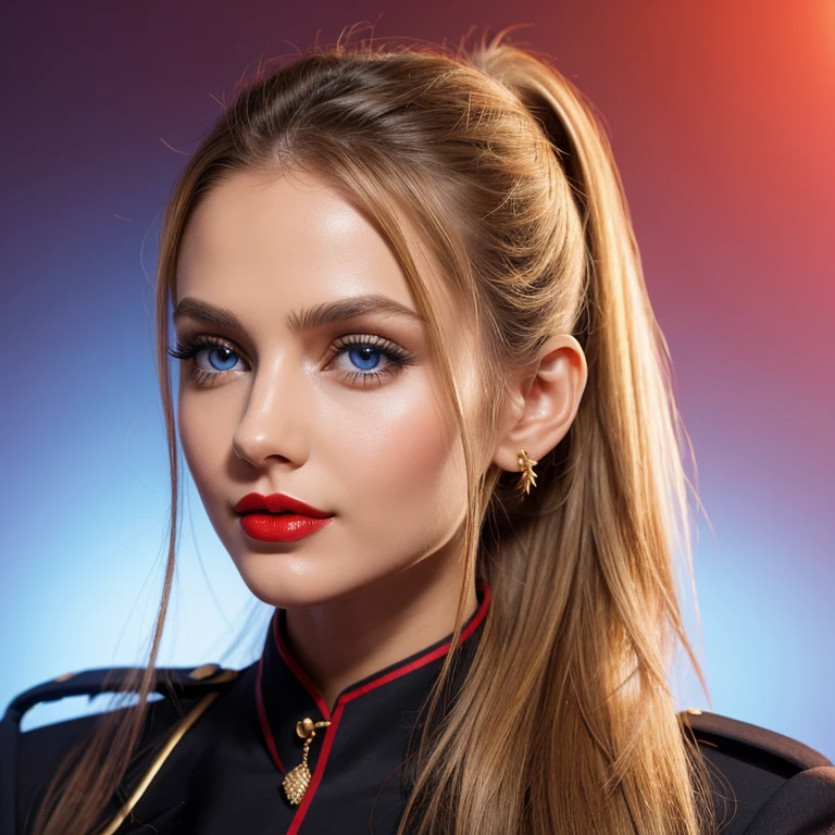 Несравненный masterpiece, Ultra-realistic 8K computer graphics, The perfect work of art, ((ideal female image)), mature woman, thin waist, seductive, clean, Beautiful face, {Incredibly gentle and beautiful girl} , 8k wallpaper, {{{masterpiece}} }, 1 girl, blonde hair, Blue eyes, Ponytail, police uniform, Jewelry, lips, lipstick, long hair, see viewer, draw up, lips, red lips, simple background, One, upper body, (Shiny skin),