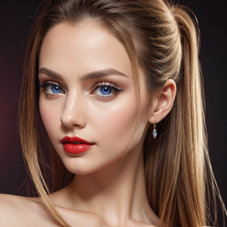Несравненный masterpiece, Ultra-realistic 8K computer graphics, The perfect work of art, ((ideal female image)), mature woman, thin waist, seductive, clean, Beautiful face, {Incredibly gentle and beautiful girl} , 8k wallpaper, {{{masterpiece}} }, 1 girl, blonde hair, Blue eyes, Ponytail, police uniform, Jewelry, lips, lipstick, long hair, see viewer, draw up, lips, red lips, simple background, One, upper body, (Shiny skin),