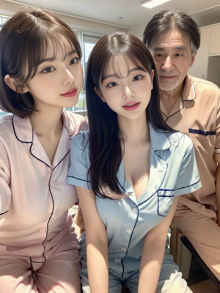 (A photo of a super cute Korean schoolgirl wearing cute pajamas chatting with her usual boyfriend and an elderly man:1.2)(Laughing out loud:1.1)(Sweating profusely:1.1)(16K, RAW Photos, Highest quality, masterpiece: 1.2),(Shiny and beautiful black long hair) Super detailed, Super Resolution, (Genuine, Genuine photos: 1.37), Portraiture, High-resolution RAW color photos, Professional photos, Very detailed, 8k wallpaper, Very detailed CG Unity 8k wallpaper, Very detailed beautiful girls, Very detailed faces, ((whole body)), beautiful woman, Huge breasts,(huge boobs:1.1) (Big Boobs:1.1), beautiful schoolgirl (Wearing oversized pajamas),high school girl, Korean Girls,(K-POP Female Idols), (Idol-class beauty)(Beautiful high school girl:1.1)(Nursing home cafeteria)(17 years old)(Cute short sleeve pajamas:1.1)Date,Breast massage,Breast milk,Bukkake,Facial school student:1.1)(Nursing home cafeteria)(17 years old)(Cute short sleeve pajamas:1.1)Date,Breast massage,Bukkake,from side,Elderly care