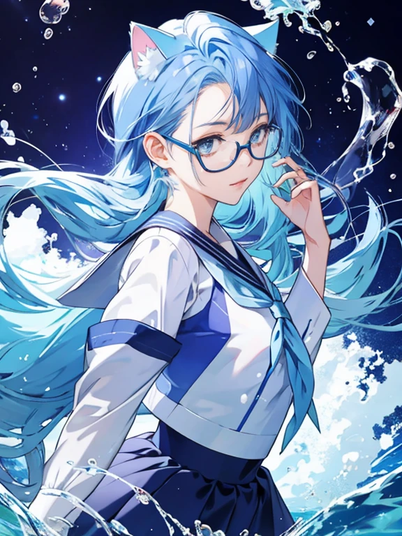 Sea motif　Blue Hair　Wearing small glasses　Beautiful water splashes　Transparency　Gradient hair　Eye color is purple　Dressed in a sailor uniform　Vibrant Background　Focus on face　Cat ear　Keep your hair long　Semi-long hair