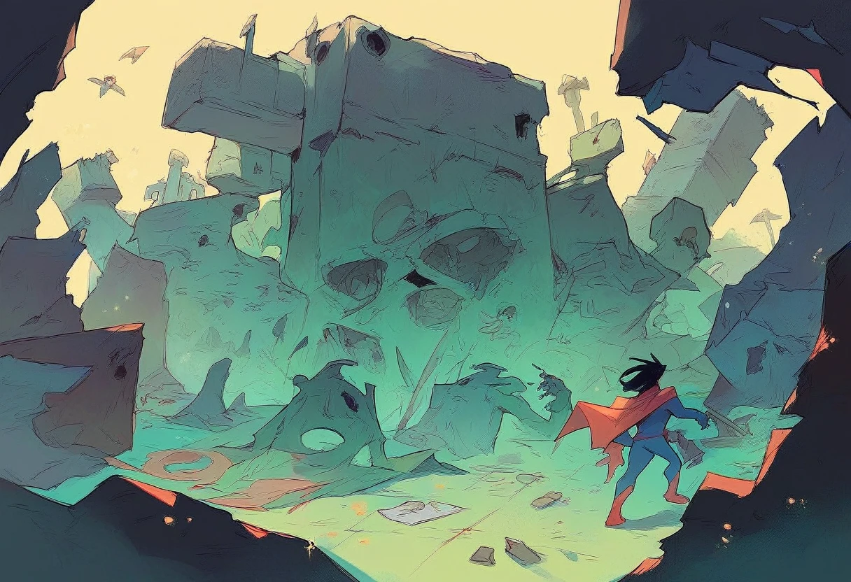 (A horde of undead, rotten, zombied, superheroes) rise from the ground and shamble towards Superman who is praying on a moonlit night, ruins of Tokyo