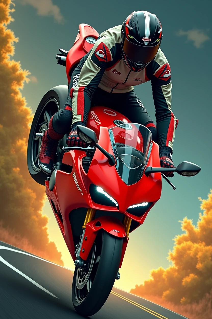 A motorcyclist on a Ducati Panigale V4 in motion on a red motorcycle performs a daring front wheelie on a winding road, set against a warm-toned sky hinting at sunrise or sunset's golden glow. The rider's helmet and lean posture convey a sense of focus as they expertly balance the bike on its rear wheel. The curved road snakes through a lush verdant landscape, adding depth to the dynamic composition. , retina, accurate, masterpiece, super detail, high details, best quality, award winning, highres, HD, 4K, 8k, 16k, retina, accurate, masterpiece, anatomically correct, textured skin, super detail, high quality, award winning, highres, 8k, 16k
