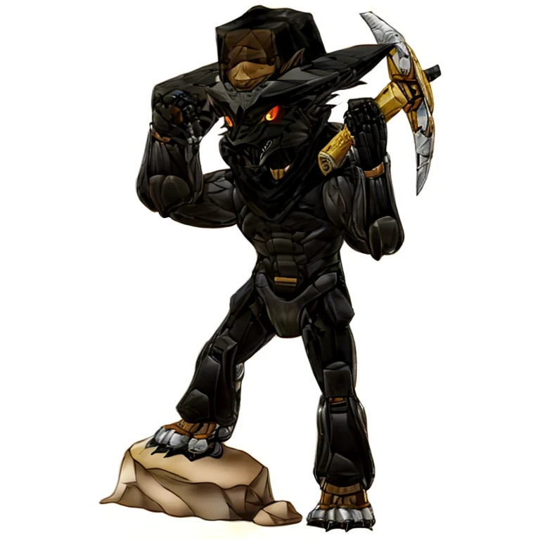 Black Robot Male muscular anthro wolf, standing, one feet standing on a stone, right hand holding a picaxe, left hand holding a black cowboy hat on his head, sharp predatory glowing orange eyes sith red pupuil in the middle and black in the middle of red pupil, wearing black scarf on the neck