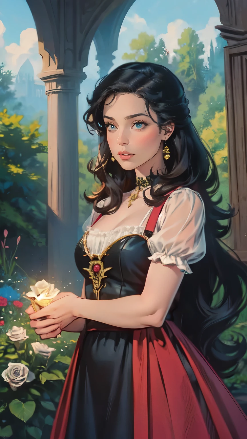 Fantasy, Rose bushes, Roses Everywhere, Light, woods, destroyed gazebo, German appearance, 23 year old girl with long black hair, in 16th century peasant dress, looks like Adelaide Kane. HD