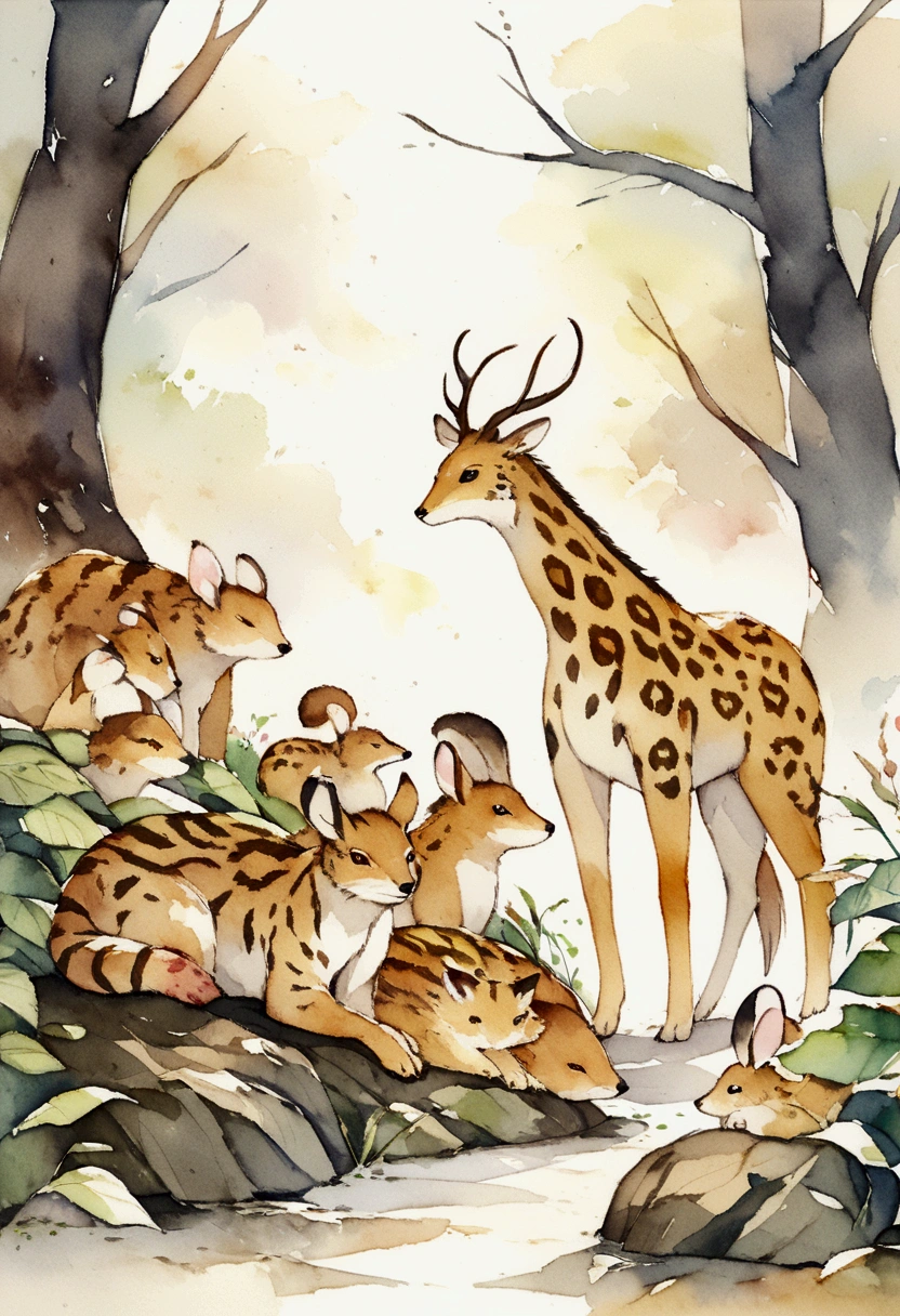 Savanna. Lots of animals. No people. Fantasy. Watercolor.