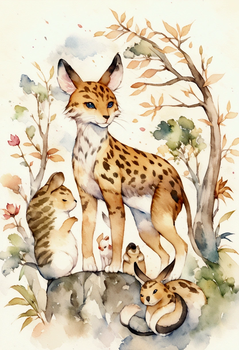 Savanna. Lots of animals. No people. Fantasy. Watercolor.