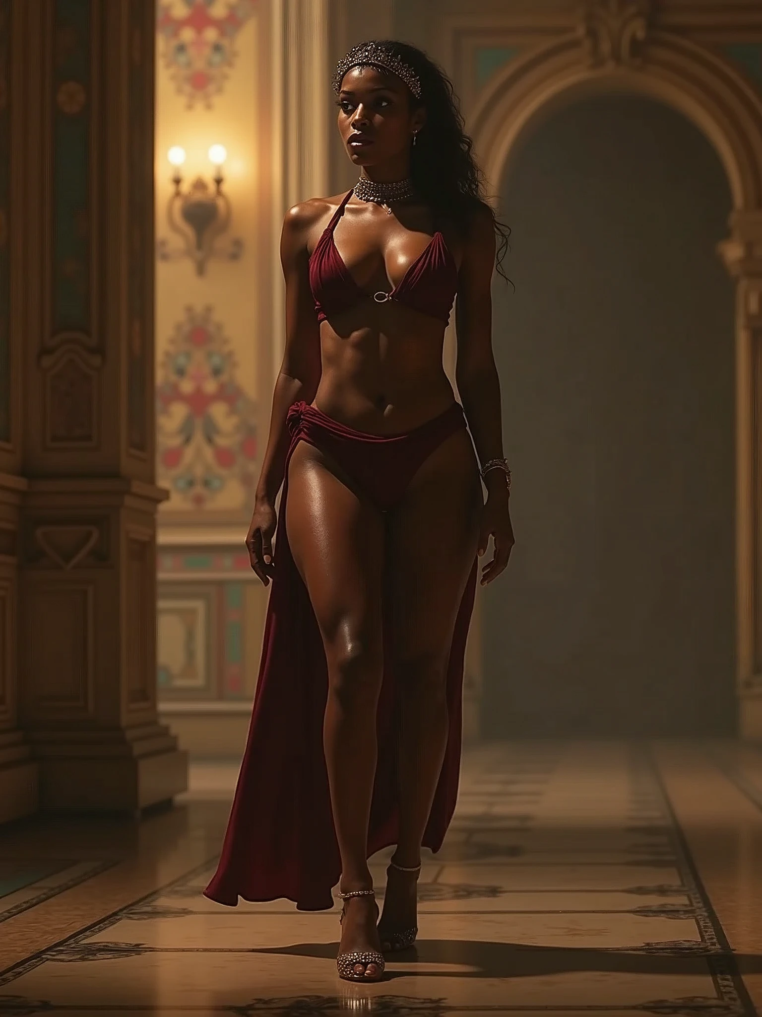 real Woman with flat stomach, queen walking with extremely wide hips, dark skin, hyperrealistic, directed by Francis Ford Coppola 