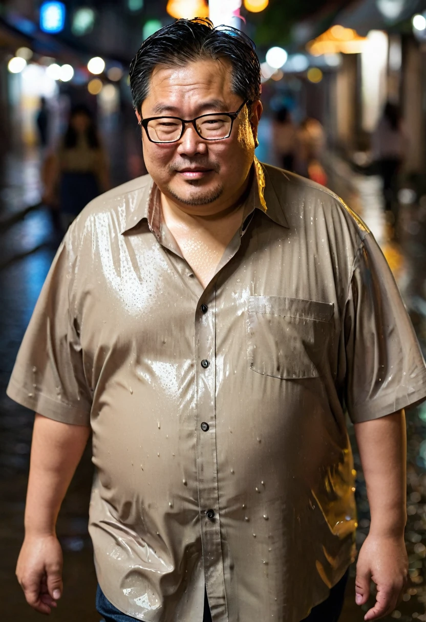 Man, Asian, 50 years old, Fat, Chubby, wearing glasses, light brown thin shirt, walking in street, Wet, Rainy, night time, top view, not smiling.