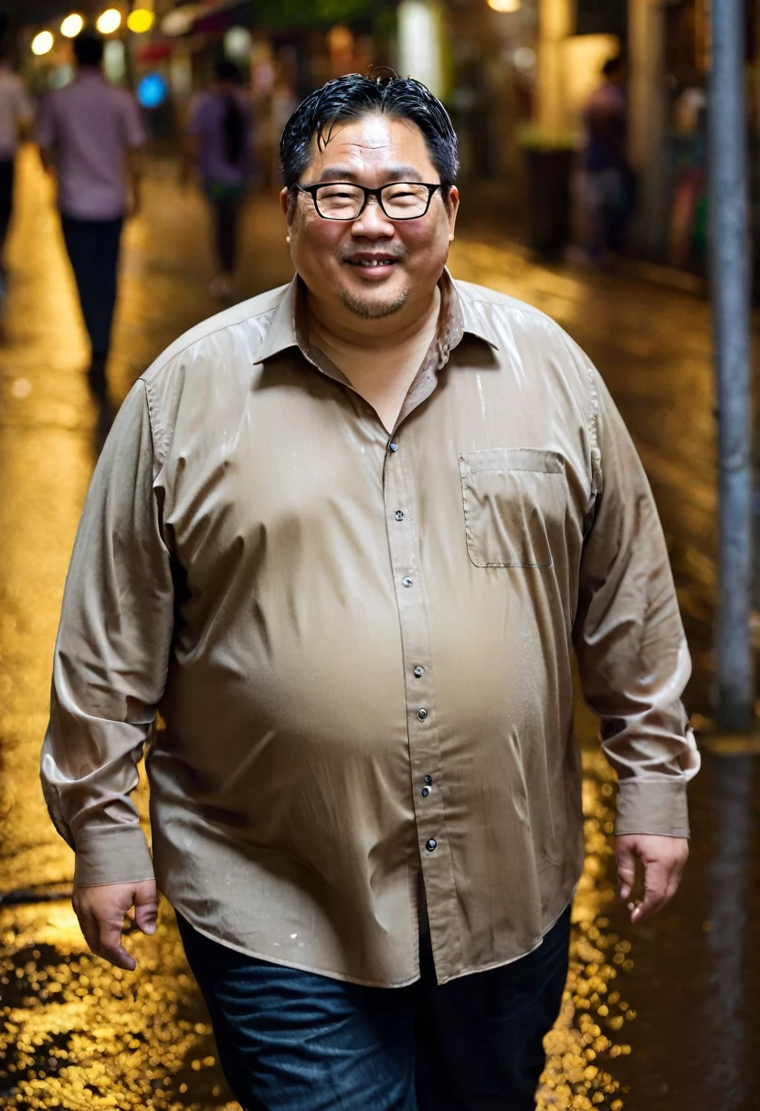 Man, Asian, 50 years old, Fat, Chubby, wearing glasses, light brown thin shirt, walking in street, Wet, Rainy, night time, top view, not smiling.