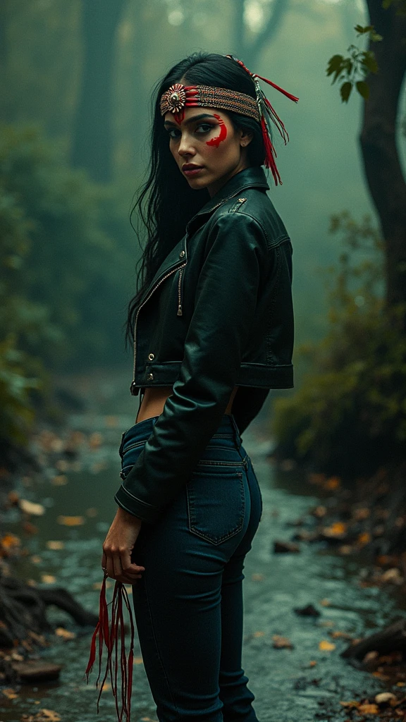 grainy film photo, a woman in high heels and flared jeans, and biker jacket, desperate stuck in bog, victim of ritual, sexy posing, seductive posing, wearing a beautiful headdress and traditional indigenous makeup, side view, turns around, gaze, flirt, noir, red, green, blue