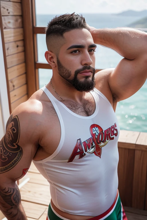 male, white, arabe muscular, green eyes, Light skin, small beard, hunter eyes, white in warm vibrant colors, tattoos, muscular, hairy body , 35 years old , a raised arm, brazos super muscular ,beefy fat , big super hairy body , chubby, Profile, Bear gay, chubby, male years, (((in tight white boxer ))), Red and Metallic Gold Avengers Logo Print Tank Top,above the house fashion cute pretty, gran nitidez, super nice , cuerpo completo claro, claridad, nitidez, ojos perfectos , super guapo y peludo , ((((de espaldas que se le vean unas nalgotas ))))