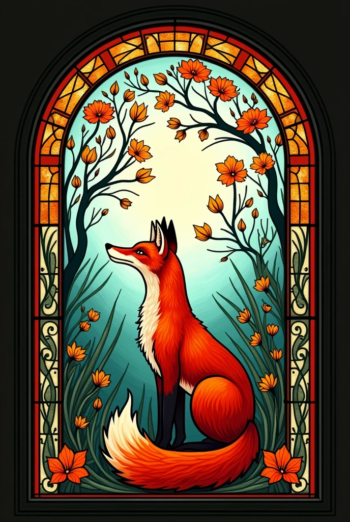 A vitral window, art noveau style, with colorful nature motives and a big fox in the middle, rounded upside, photorealistic