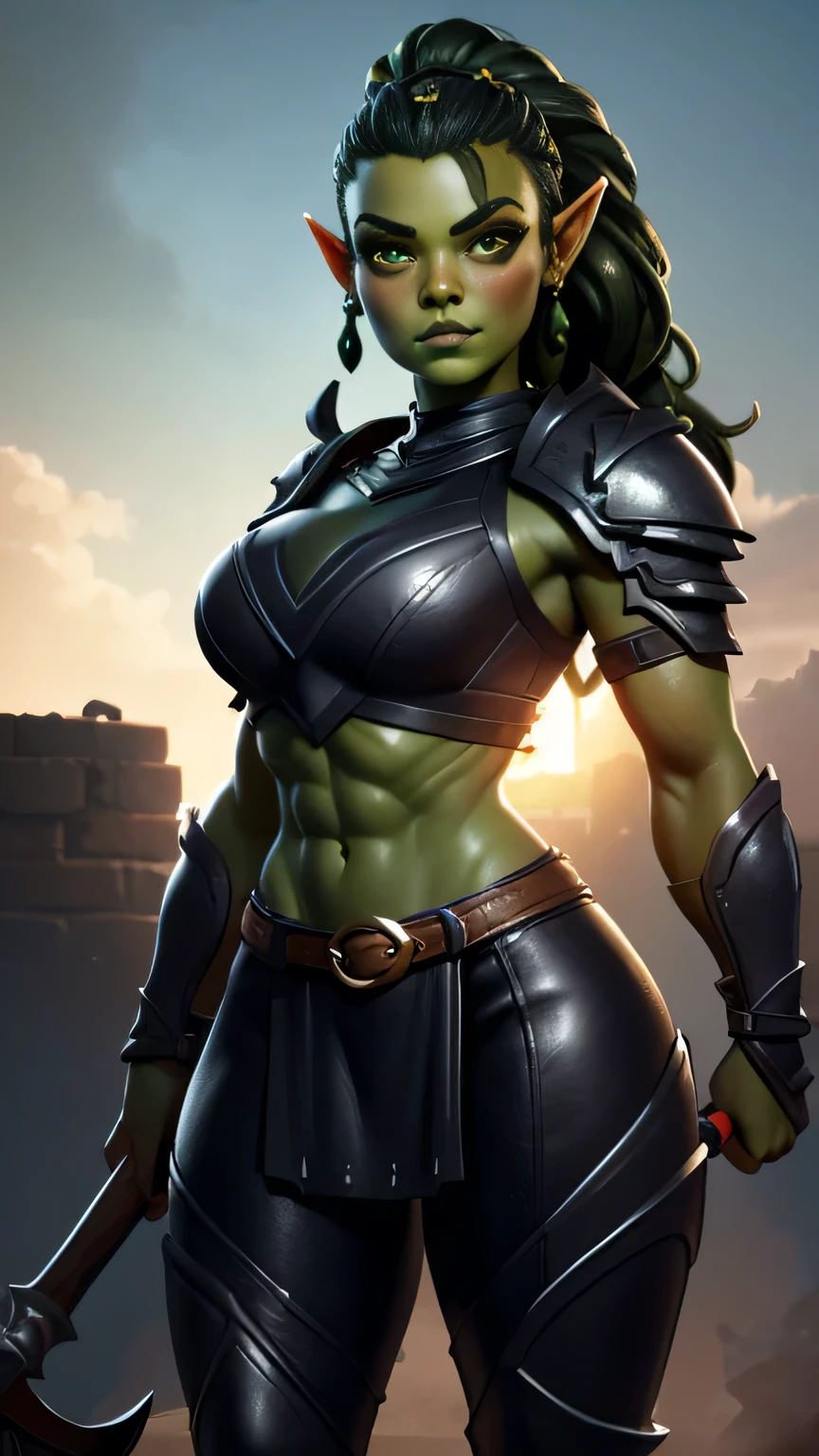 photo of beautiful Orc, RAW, beautiful woman, (portrait), (detailed Kawaii face:1.2), (detailed feature, detailed green skin, glossy lips, luscious dark green lips, clear green skin), (Long braided hair), (perfect proportioned body, Strong, muscular, narrow waist, narrow hips, skinny, large breasts), (she wears cropped leather armor, Battle ax slung across her back, Battle ax for a weapon), dark forced background, (realistic photo, best quality, detailed), (8k wallpaper), (cinematic lighting, beautiful light, (day:1.3)) (sharp focus, intricate)