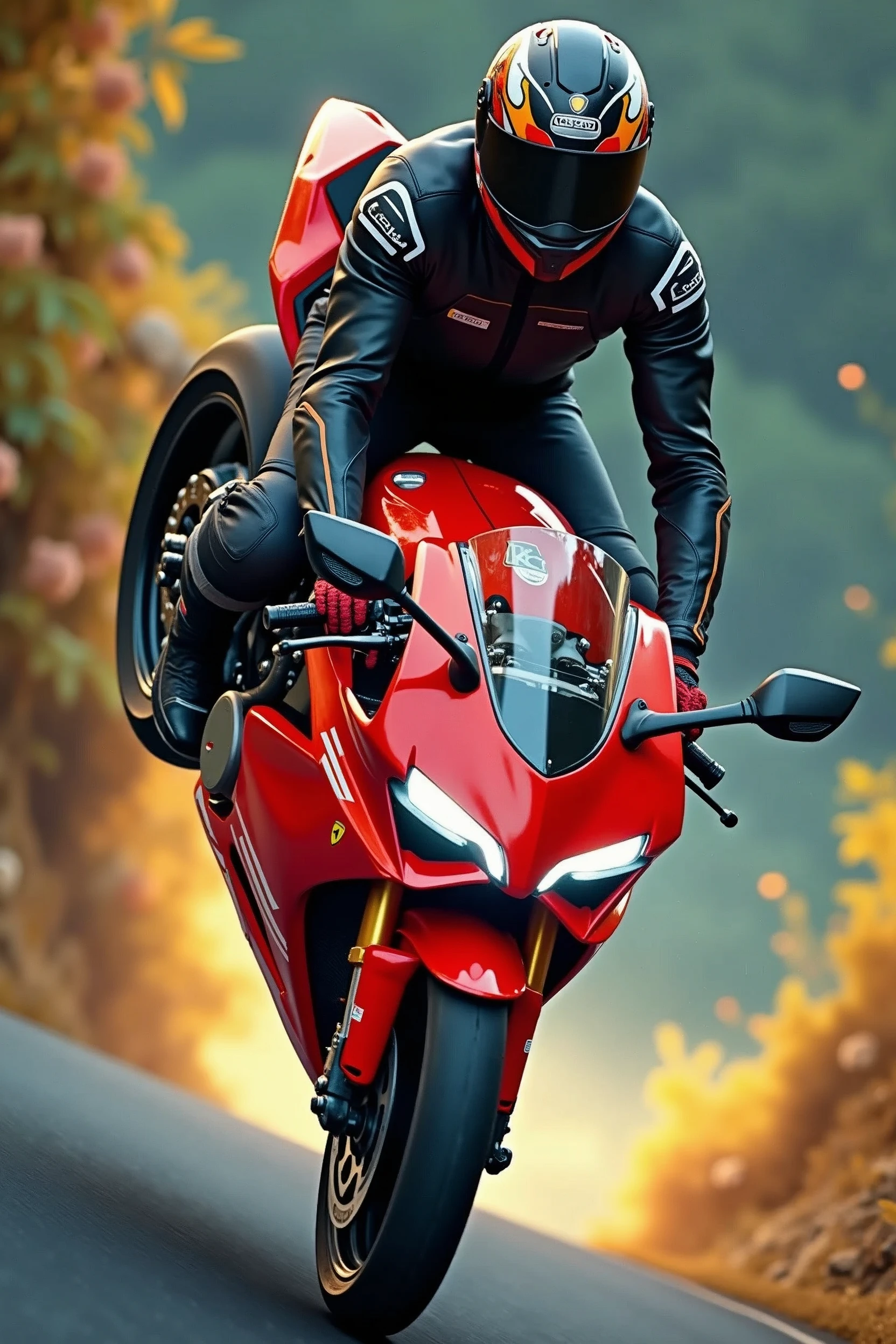 A motorcyclist on a Ducati Panigale V4 in motion on a red motorcycle performs a daring front wheelie on a winding road, set against a warm-toned sky hinting at sunrise or sunset's golden glow. The rider's helmet and lean posture convey a sense of focus as they expertly balance the bike on its rear wheel. The curved road snakes through a lush verdant landscape, adding depth to the dynamic composition. , retina, accurate, masterpiece, super detail, high details, best quality, award winning, highres, HD, 4K, 8k, 16k, retina, accurate, masterpiece, anatomically correct, textured skin, super detail, high quality, award winning, highres, 8k, 16k