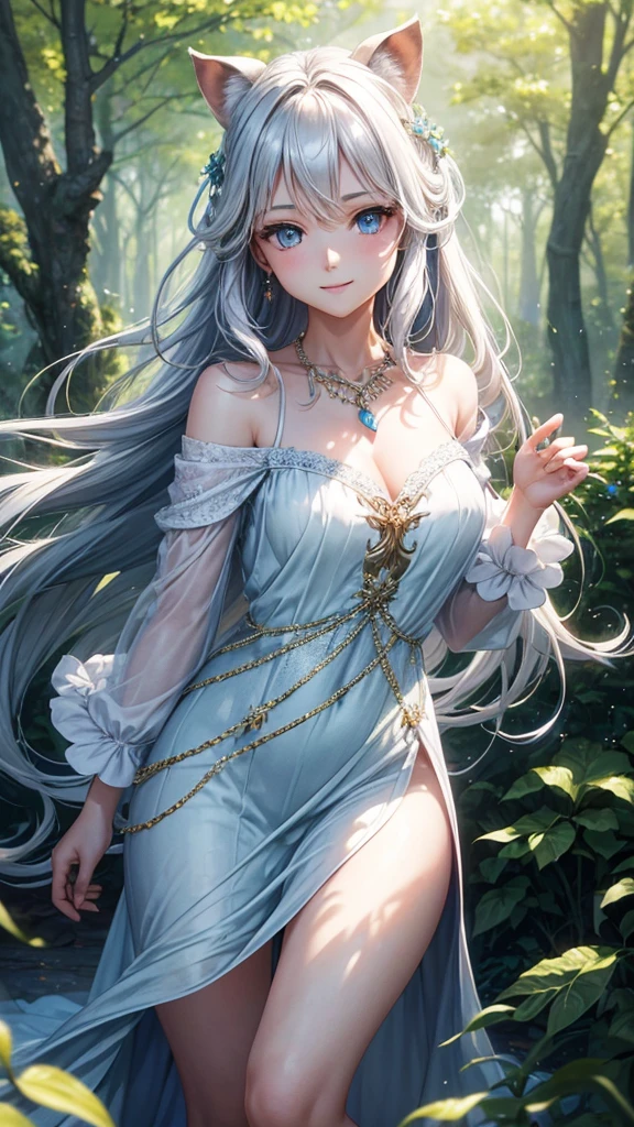 Create a high-quality, cinematic image of a woman with long silver hair styled in a loose wave (sauvage) pattern. She has light blue eyes and is wearing an off-shoulder white long dress with a subtle necklace. The background is an enchanting forest with sparse sunlight filtering through the trees. The scene includes squirrels, rabbits, and fairies flying around. Use a dreamy filter effect to enhance the mystical atmosphere.High resolution, masterpiece, Textured skin, One girl, chest, smile, blue eyes, Hair blowing in the wind, Multiview, Cinematic light effects, 3D Rendering,