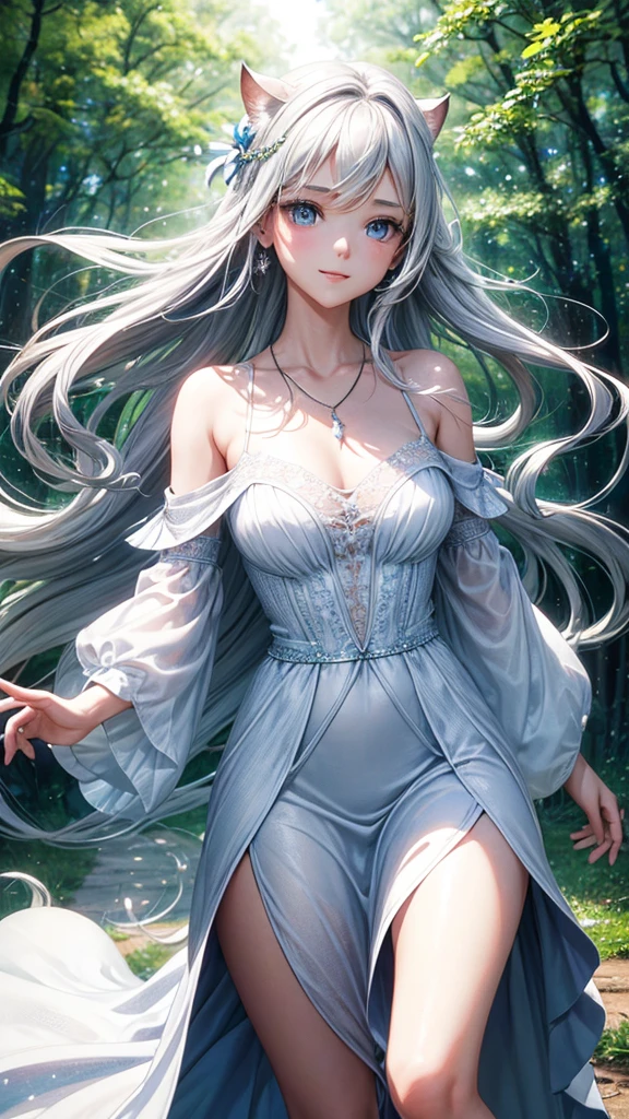Create a high-quality, cinematic image of a woman with long silver hair styled in a loose wave (sauvage) pattern. She has light blue eyes and is wearing an off-shoulder white long dress with a subtle necklace. The background is an enchanting forest with sparse sunlight filtering through the trees. The scene includes squirrels, rabbits, and fairies flying around. Use a dreamy filter effect to enhance the mystical atmosphere.High resolution, masterpiece, Textured skin, One girl, chest, smile, blue eyes, Hair blowing in the wind, Multiview, Cinematic light effects, 3D Rendering,
