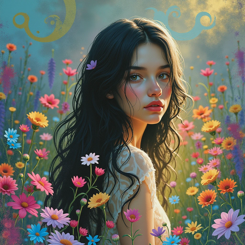 A digital painting of Tree with long black hair, posing amidst wildflowers. surrounded by vibrant colors and shapes that create depth and texture. The artwork has a soft pastel color palette, giving it a dreamy quality. The painting is done in the style of a dreamy, pastel artwork.