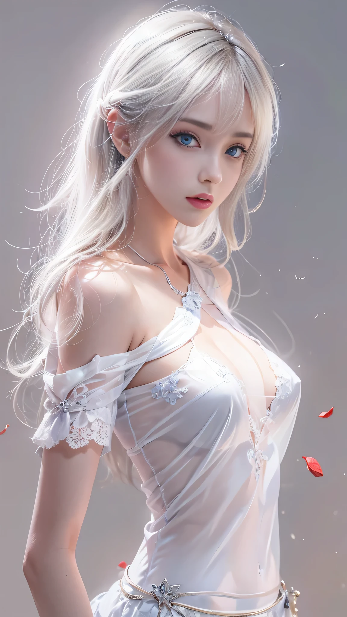 (Girl in a semi-transparent one-shoulder white miniskirt dress), (フォトRealistic:1.4), (ハイパーRealistic:1.4), (Realistic:1.3), (Smooth lighting:1.05), (Cinematic Lighting Quality Improvements:0.9),. 32K, 1 Girl,20 year old girl, Realistic lighting, Backlight, Face light, Ray tracing, (Brightening light:1. 2), (Image quality improvement:1.4), (Highest quality realistic textured skin:1. 4),(Big Blue Eyes), Detailed drawn eyes、Detailed painted face、Fine textured eyes、(tired、sleepy、satisfaction:0.0)、A shirt that shows off a lot of cleavage、(Accentuates the body line:1.1)、(Beautiful textured skin:1.1)、(Red petals are flying)、(Black lace panties are visible)、Slim long legs、
