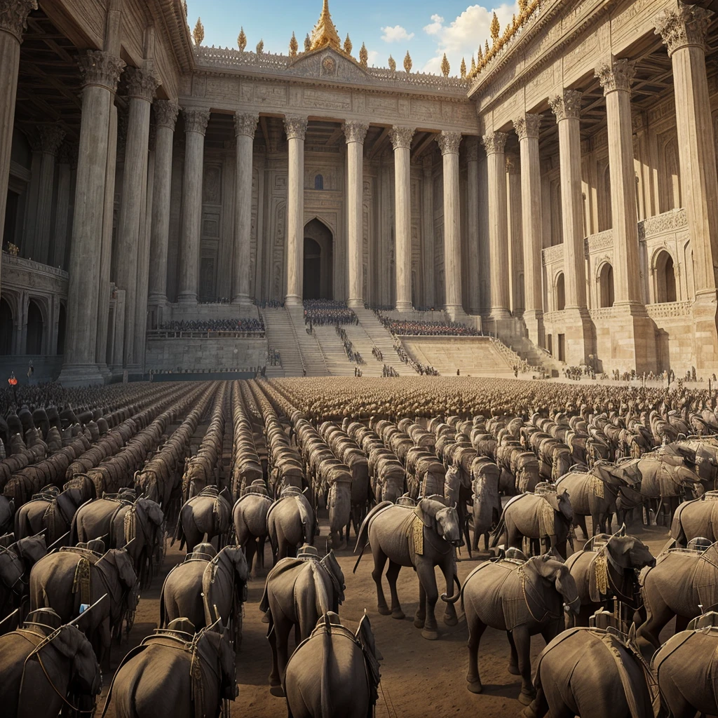 Create a detailed 3D rendering of a grand palace with a vast, uneven ground in front of it. In this field, thousands of soldiers are lined up, ready for battle. Among them are horse-mounted soldiers, elephants, and chariots, all assembled in large numbers.

Include the following details in the rendering:

Showcase the architecture of the palace with intricate details such as tall towers, massive gates, and elaborate carvings.
Depict the field as rugged and uneven, fitting for a battlefield, with effects of dust and smoke.
Present the soldiers in various types of armor and weaponry, standing in disciplined lines, ready for war.
Illustrate the horses, elephants, and chariots in a dynamic and lifelike manner, emphasizing their strength and readiness for combat.
Create an overall dramatic and grand atmosphere, capturing the essence of a massive army preparing for a significant battle.
This rendering should convey a sense of epic scale and historical grandeur, immersing viewers in the scene of the palace and the vast army assembled before it.





.