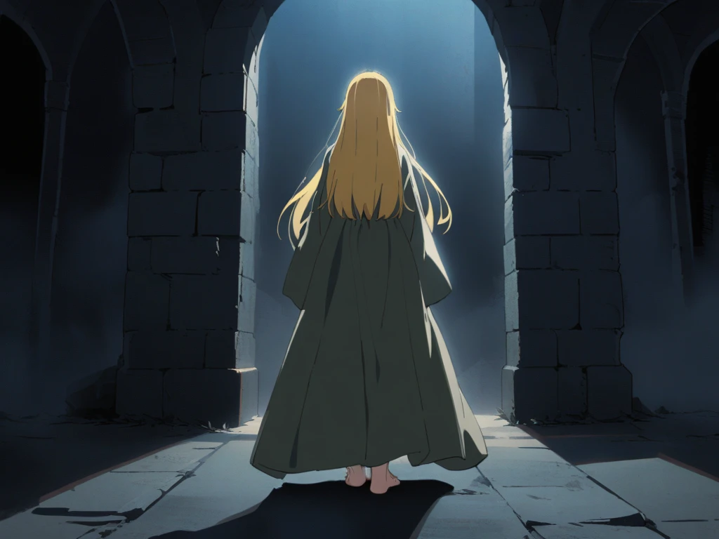 High Details, High Resolution, Quality, 
{{cowgirl shot, dutch angle, two characters, back view}} {{Artist: Sincos}} boy and girl, backs turned, entering into the mist, girl with no shoes feet, toes, yellow hair, long hair, straight hair, green mage robe, boy with blonde golden hair, wearing shining plate armor, shoes, medieval, fantasy, surrounded by darkness and mist.