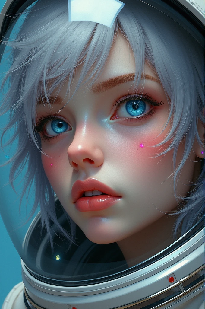 (Get a closer look at more masterpieces:1.5)0.9], (Space and astronauts:1.2) (Messy silver hair:1.1) (Heterochromia xanthochromia and blue eyes:1.2) (Space Helmet:1.0) (Colored stars in the eyes:1.0) (shining:1.1) (thick lips:0.9)