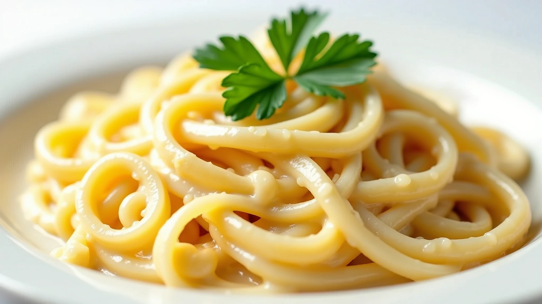: Close-up of creamy fettuccine Alfredo with parsley garnish, perfectly displayed on a white background. 8k
