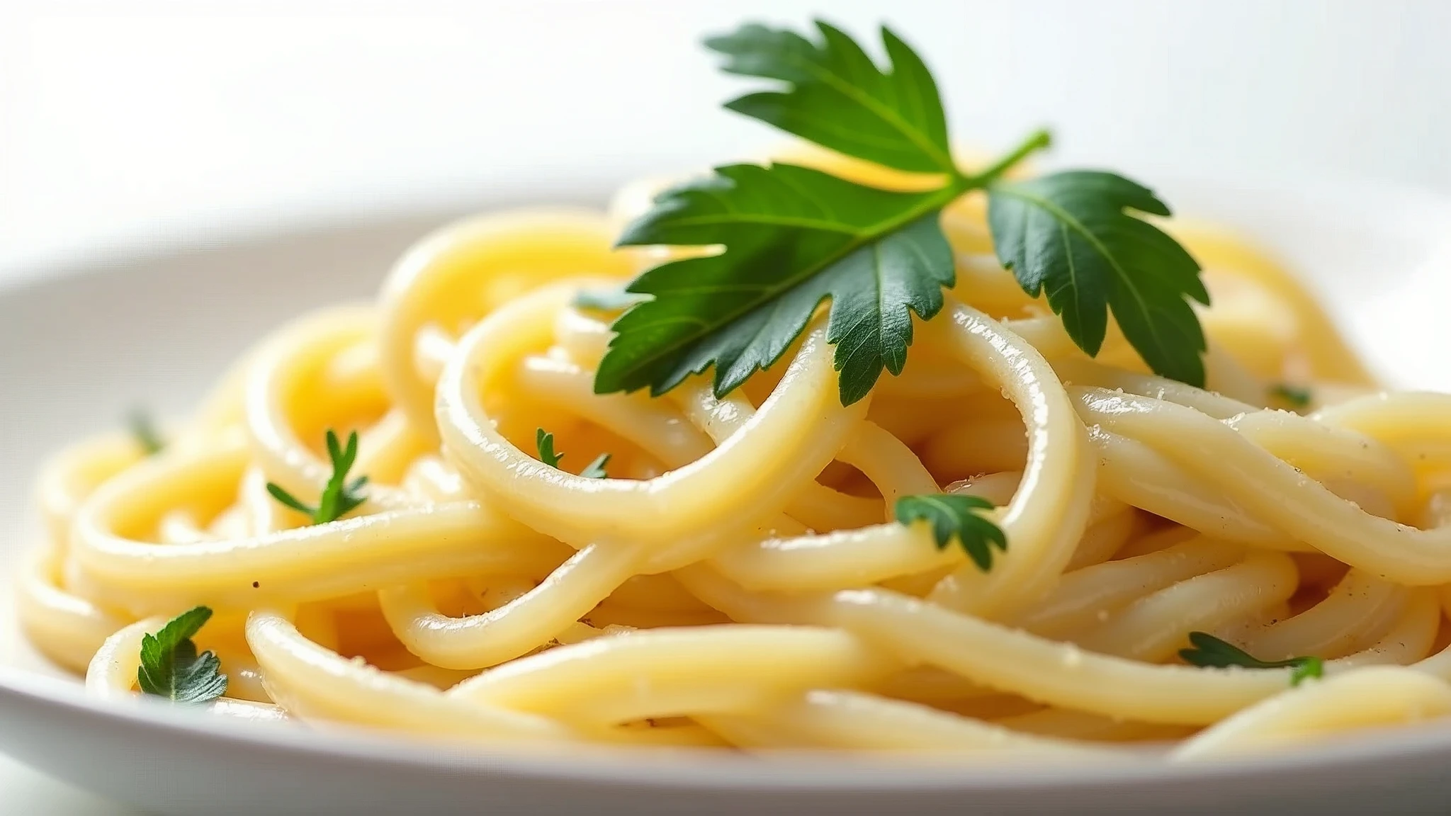 : Close-up of creamy fettuccine Alfredo with parsley garnish, perfectly displayed on a white background. 8k  