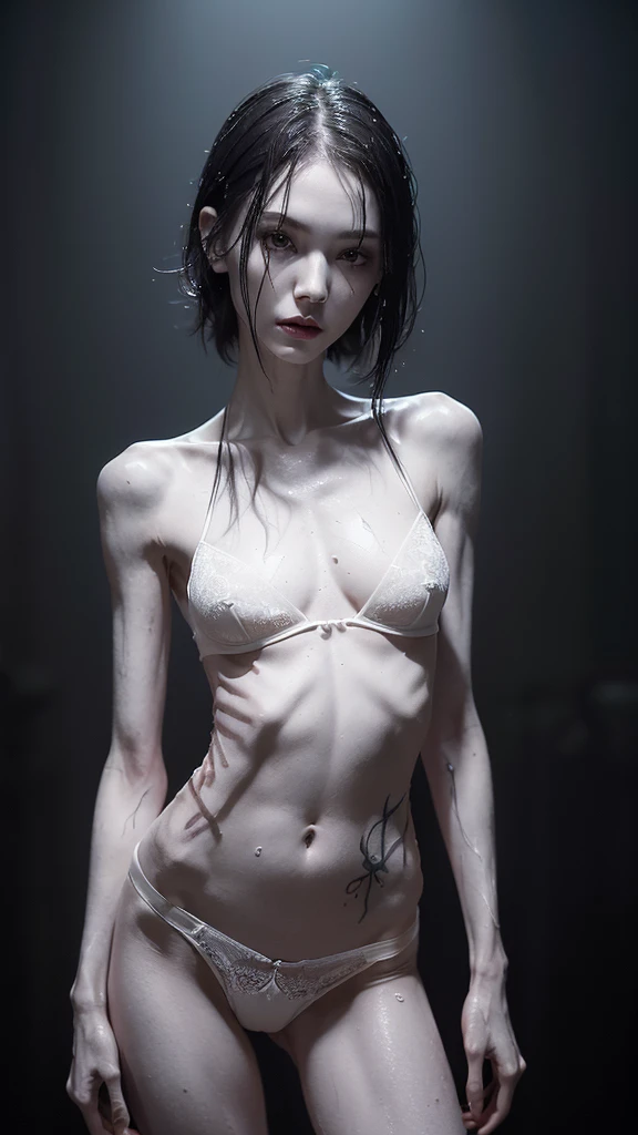 (A very thin and slender woman with visible bones, pale white skin, wet body, wearing only panties and bra, full body view, tattoo, masterpiece:1.2),(photorealistic:1.37),(portrait,body horror,dark,gloomy,moody,cinematic lighting),(detailed eyes,detailed lips,extremely detailed face and body)